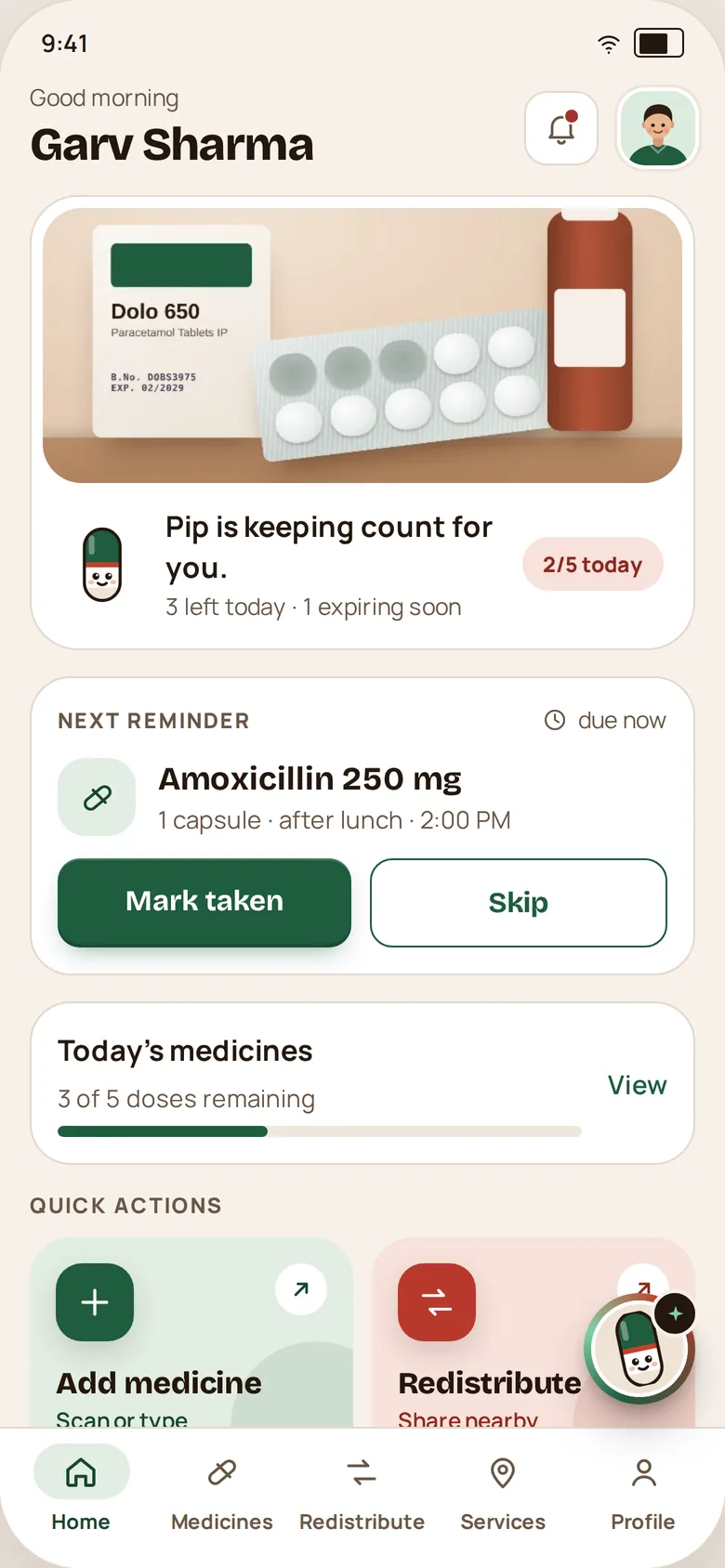 MediXCycle home screen: next dose reminder for Amoxicillin 250 mg with Mark taken and Skip, today's progress, and quick actions to add or redistribute medicine.