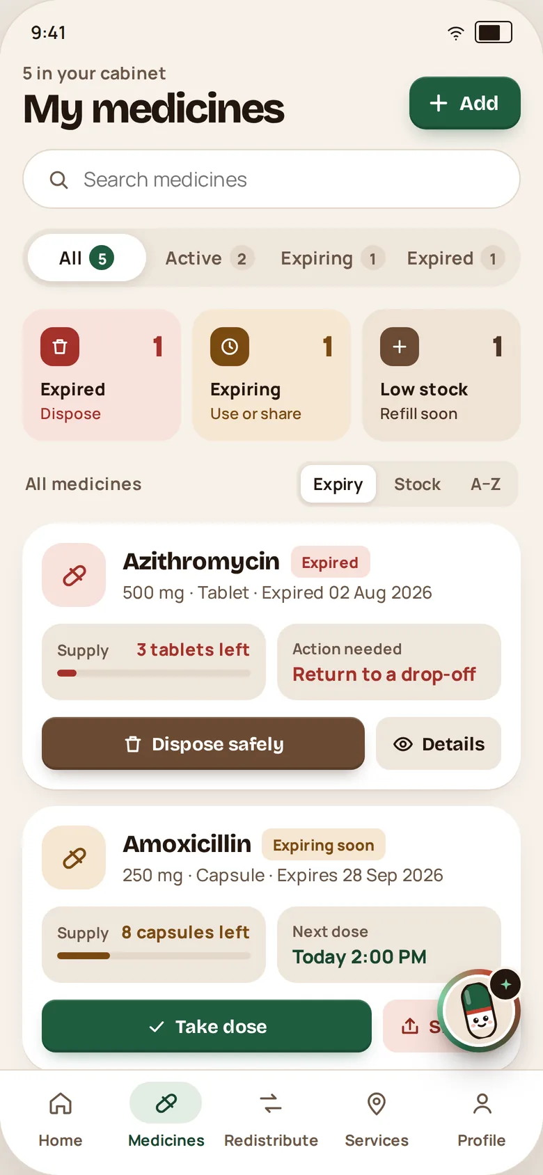 My medicines screen: five medicines with filters for active, expiring and expired, an expired Azithromycin strip marked Dispose safely, and Amoxicillin marked Expiring soon.