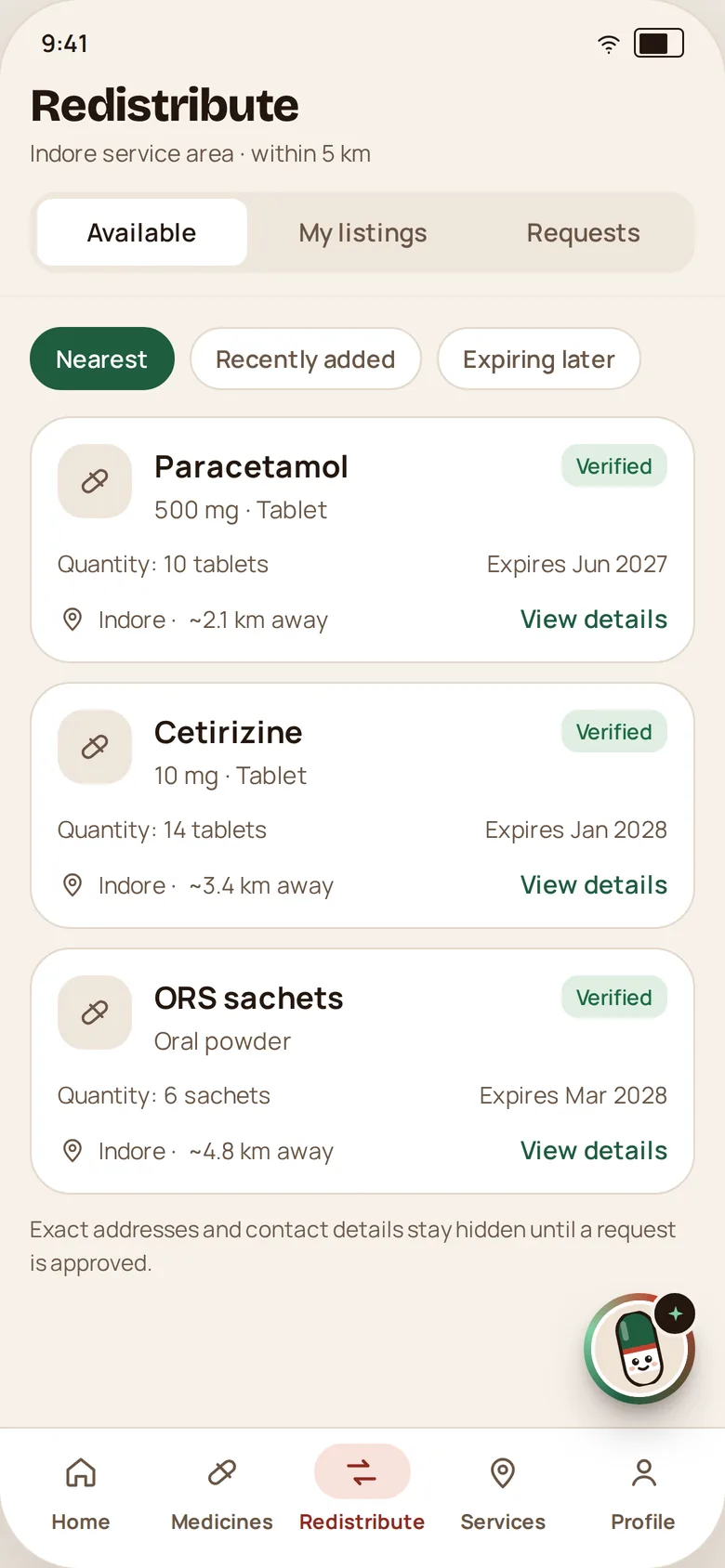 Redistribute screen: verified Paracetamol, Cetirizine and ORS listings in Indore with quantity, expiry and approximate distance.