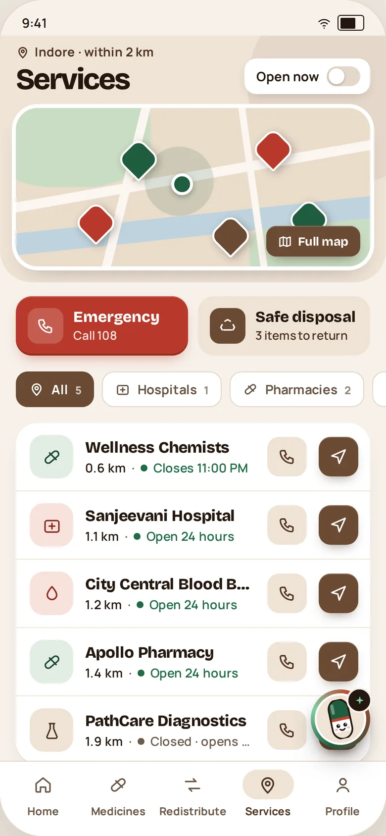 Services screen: map of nearby pharmacies, hospitals and blood bank, with Emergency and Safe disposal shortcuts.